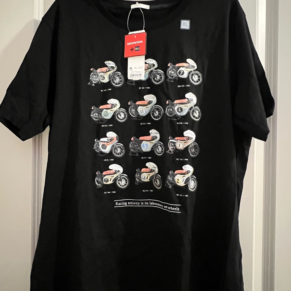 GU X Honda X Motorcycle collab graphic tee. Black short sleeve from Japan. NWT